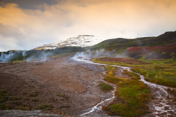 Haukadalur, a valley with geothermal activity in Iceland.