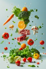 A colorful and well-arranged display of ingredients suspended in mid-air on a light background
