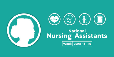 National Nursing Assistant Week. Nurse, heart, Stethoscope, patient and notes. Great for cards, banners, posters, social media and more. Light blue background.