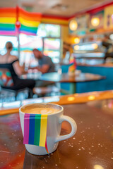 a local coffee shop where small rainbow flags are present on the coffee