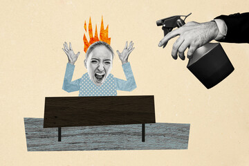 Composite photo collage of scream girl burn fire head deadline workload office hand hold water...