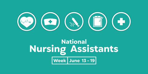 National Nursing Assistant Week. Heart, nurse hat, syringe, note and plus icon. Great for cards, banners, posters, social media and more. Light blue background.