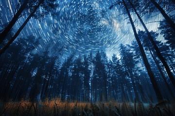 Starry night swirls above a tranquil forest scene