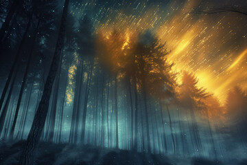 Enchanted forest scene with mystical lights and towering trees