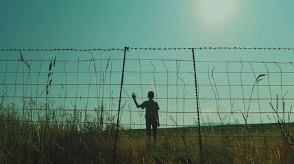 Silhouette of a man standing behind an electric fence at sunset