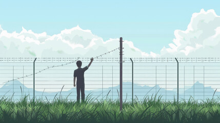 Man touching an electric fence with nature background