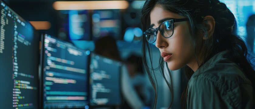 Work is being done by a diverse team of professionals including: an Indian IT programmer working on a desktop computer, a female specialist coding innovative software, and a terminal with a coding