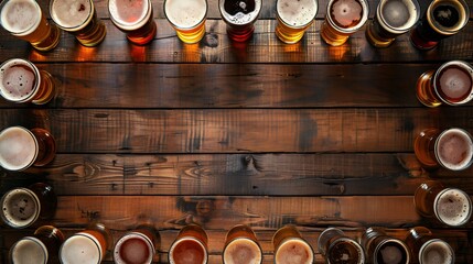 Frame made of different varieties of beer pints placed on a wooden table with copy space in the middle