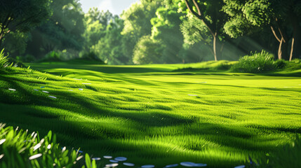 Lush green grass on a serene golf course in sunlight
