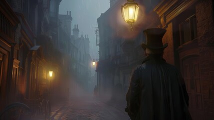Naklejka premium Victorian detective in a foggy London street