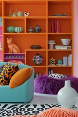 Detailed view of a colorful and well-decorated living room with stylish modern furniture