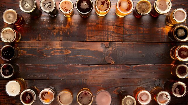 Frame made of different varieties of beer pints placed on a wooden table with copy space in the middle