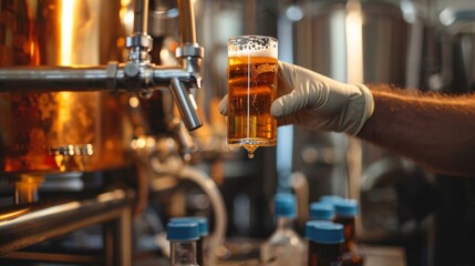 Front shot of a brewer taking a sample of beer for quality testing with lab equipment in the background