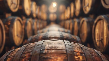 Close up of the deposited wooden barrels of beer in the storage room