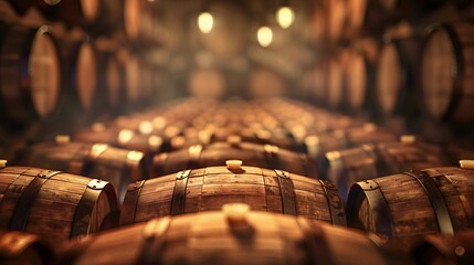 Close up of the deposited wooden barrels of beer in the storage room