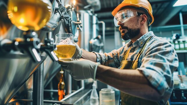Front shot of a brewer taking a sample of beer for quality testing with lab equipment in the background - Powered by Adobe