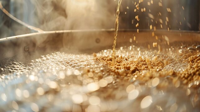 Front shot of hot water being mixed with crushed malt in the mash tun