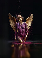 PHOENIX, Generative AI, It depicts a figure with golden wings spread out as if submerged in a purple liquid. The person's face is obscured by a beige square