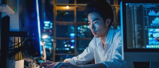In a night office, a young Japanese man works on a computer. He is creating software, designing e-commerce apps, and programming for e-businesses. Over his shoulder is a digital entrepreneur.