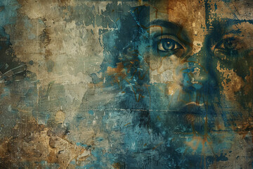 Mysterious woman's face merged with grungy abstract backdrop