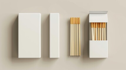 Top view, perspective view of white matchbox with empty package for match sticks. Modern realistic mockup of 3d blank box with sulfur side, open and closed small carton container.