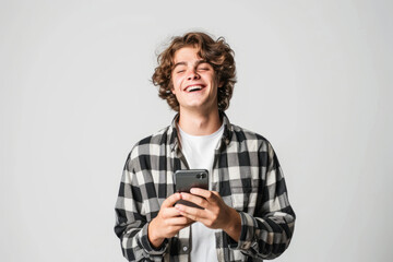 Happy young man using smartphone, casual style on white background