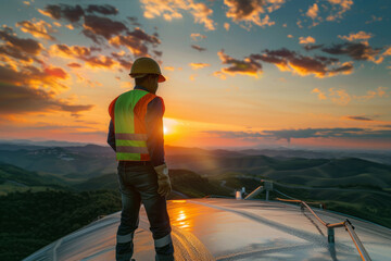 Engineer admiring sunset after successful project completion