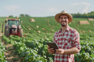 Smiling farmer with tablet standing in sunlit crop field