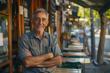 Confident middle-aged man smiling in a cozy café setting