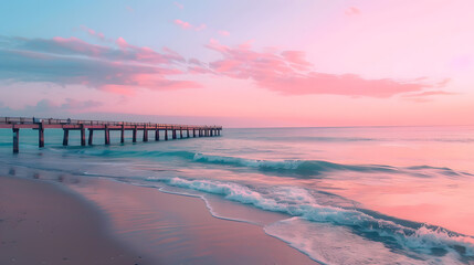 Beach Sunset with a Wooden Pier and Vibrant Sky