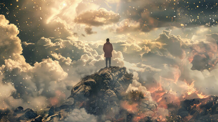 Man standing on peak amidst ethereal cloudscape