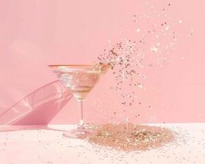 A striking image of a champagne glass spilling gold glitter on a soft pink surface creating a sense of celebration