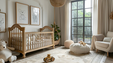 Elegant nursery with soft pastel colors, wooden crib, and plush animal toys