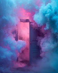 This ethereal photo shows a door amidst swirling smoke clouds, providing a feel of mystery and intrigue