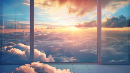 Stunning sunrise view through a large glass window