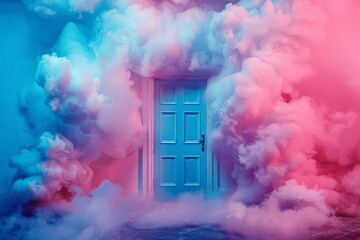 A calming pastel blue door is set against a soft pink cloudy backdrop, invoking a tranquil and...