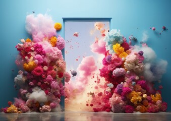 A surreal explosion of colorful pompoms seems to rush from a modern blue doorway, evoking excitement