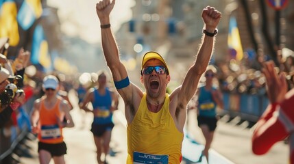 Marathon runners crossing the finish line faces of exhaustion and joy