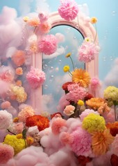 A vertical photo of a pink mirror in a fanciful setting with flowers, puffs, and bubbles