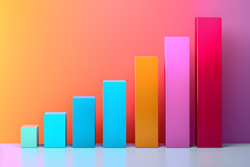 Colored growing graph on pink and orange gradient background. Profit growth and business development concept