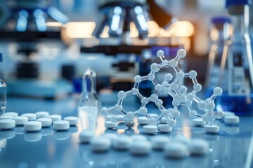 Biopharmaceuticals discovery process close-up on new drug compounds and molecular analysis