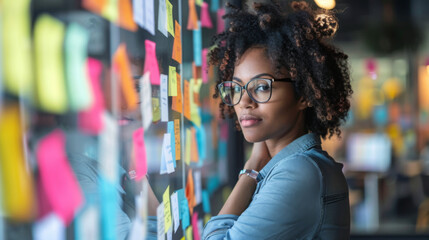 Young woman contemplating ideas on a sticky note board