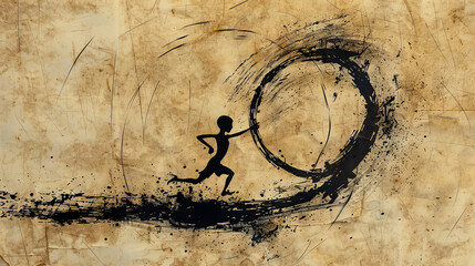 Silhouette of figure running inside splattered circular shape