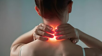 A woman's hands clutching her neck showing red glow indicating pain, emphasizing the discomfort in the cervical spine area