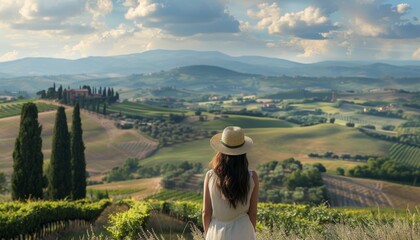 Giovane bella donna con cappello vista da dietro immersa nelle colline toscane