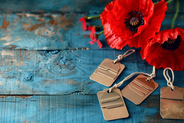 Red remembrance poppy and military tags on a rustic blue wooden table  Memorial Day.