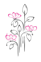 ornament 2493. stylized blossoming flowers on stems with leaves, graphic decor