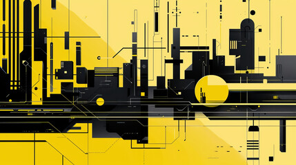 Modern abstract cityscape in bold yellow and black tones