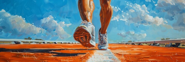 A vibrant oil painting of a marathon runner's legs mid-stride, capturing movement and the human...