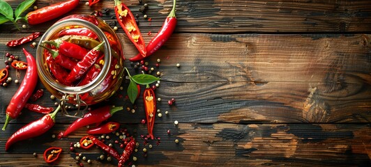 Pickled chili peppers in a jar. Food supplies. View from above. On a wooden background. place for text. 